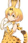  animal_ears blonde_hair bow bowtie breasts cat_ears closed_mouth commentary cowboy_shot dot_nose elbow_gloves extra_ears eyebrows_visible_through_hair gloves iguchi_(strawmat) kemono_friends looking_at_viewer medium_breasts paw_pose serval_(kemono_friends) serval_ears serval_print serval_tail simple_background skirt sleeveless smile solo tail underbust white_background yellow_eyes 