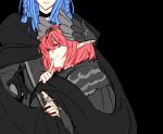  aunt_and_niece black_background black_cloak black_gloves blue_eyes blue_hair braid caster choker circe_(fate/grand_order) commentary_request fate/grand_order fate_(series) finger_to_mouth gloves hair_between_eyes hollomaru long_hair looking_at_viewer looking_back multiple_girls nail_polish pink_hair pink_nails pointy_ears short_hair smile twin_braids yuri 