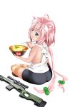  1girl :t ahoge animal_ears ass bare_arms bare_shoulders beads bike_shirts blue_eyes cat_ears child chopsticks eating female food full_body gibun_(sozoshu) hair_beads hinata_channel indian_style long_hair looking_at_viewer looking_back low_twintails nekomiya_hinata panties pink_hair shirt simple_background sitting sniper_rifle solo sorts striped striped_legwear thighhighs twintails underwear white_background white_panties white_shirt 