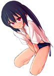  aihara_shouta bad_id bad_pixiv_id between_legs black_hair blush breast_slip hand_between_legs k-on! long_hair looking_at_viewer nakano_azusa red_eyes simple_background solo swimsuit swimsuit_under_clothes tan twintails 
