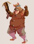  anthro bandanna belly brown_fur captainjusticevirtsuoso clothed clothing crossbow fur gloves grin holding_object holding_weapon hyena leg_wraps male mammal moobs overweight overweight_male ranged_weapon simple_background smile solo spots spotted_fur standing tan_fur tan_hair teeth weapon wraps 