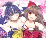  animal_ears azur_lane blue_eyes blue_hair blush bow breasts brown_hair cherry_blossoms cleavage collarbone commentary_request detached_sleeves hair_bow harutsuki_(azur_lane) long_hair looking_at_viewer multiple_girls nontraditional_miko open_mouth outstretched_arms petals red_eyes sakura_(ichisakupink) small_breasts spread_arms yoizuki_(azur_lane) 