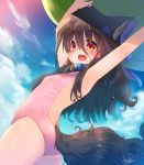  animal_ears armpits arms_up ass backless_outfit bare_back brown_hair casual_one-piece_swimsuit cloud collar commentary_request day dog_ears dog_tail from_behind kannagi_cocoa long_hair looking_back one-piece_swimsuit open_mouth original red_eyes sky smile solo swimsuit tail toba_hiyoko 