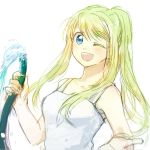  ;d bangs blonde_hair blue_eyes eyebrows_visible_through_hair fingernails floating_hair fullmetal_alchemist happy holding hose long_hair looking_at_viewer one_eye_closed open_mouth ponytail protected_link shirt simple_background sleeveless sleeveless_shirt smile solo tsukuda0310 upper_body water white_background white_shirt winry_rockbell 