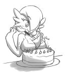  arms_above_head big_breasts breast_rest breasts cake cutting english_text female food gardevoir hair monochrome nintendo onomatopoeia plate pok&eacute;mon pok&eacute;mon_(species) short_hair simple_background sketch slicing smile solo sound_effects spikedmauler text tongue tongue_out video_games white_background 