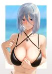  alternate_costume azur_lane bangs bare_arms bare_shoulders bikini black_bikini blue_eyes blurry blush breasts closed_mouth collarbone commentary_request criss-cross_halter cross cross_earrings depth_of_field earrings hair_between_eyes halterneck hand_on_own_chest hayabusa highres iron_cross jewelry large_breasts lips looking_at_viewer navel o-ring o-ring_top sand sand_on_skin silver_hair solo stomach sweat sweatdrop swimsuit tirpitz_(azur_lane) upper_body 
