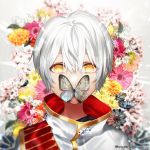  bug butterfly commentary_request flower hair_between_eyes insect kyou_zip looking_at_viewer male_focus orange_eyes original pink_flower solo twitter_username upper_body white_hair yellow_flower 