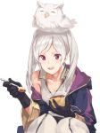  bird blush cape dark_persona eating feh_(fire_emblem_heroes) female_my_unit_(fire_emblem:_kakusei) fire_emblem fire_emblem:_kakusei fire_emblem_heroes food gimurei gloves hood ichikei long_hair looking_at_viewer my_unit_(fire_emblem:_kakusei) open_mouth pudding red_eyes robe simple_background smile solo twintails white_hair 