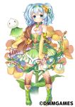  aqua_eyes arm_warmers blue_hair blush boots bow_(weapon) breasts brown_legwear cleavage cleavage_cutout dress expressionless flower flower_knight_girl frills full_body green_dress green_footwear green_hairband hair_flower hair_ornament hairband holding holding_bow_(weapon) holding_weapon knee_boots kneehighs looking_at_viewer object_namesake official_art short_hair shouni_(sato3) simple_background small_breasts solo standing suzuna_(flower_knight_girl) twintails weapon white_background 