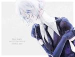  androgynous character_name colored_eyelashes copyright_name crack cracked elbow_gloves gem_uniform_(houseki_no_kuni) ghost_quartz_(houseki_no_kuni) gloves grey_background hair_over_one_eye houseki_no_kuni looking_at_viewer necktie nemui_neko short_hair short_hair_with_long_locks smile solo upper_body white_eyes white_hair 