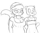  2018 anthro big_breasts black_and_white breasts cartoon_network cat clothed clothing crossover digital_media_(artwork) dress duo feline female flat_chested hair hi_res looking_at_another mammal monochrome mrs._katswell nickelodeon nicole_watterson raised_eyebrows simple_background smile standing t.u.f.f._puppy the_amazing_world_of_gumball whiskers white_background zambs 