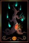  ambiguous_gender black_background card eldritch_abomination glowing monster open_mouth simple_background tarot_card teeth the_hanged_man_(tarot) tree undeadkitty13 