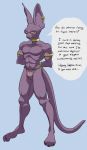  2018 3_toes abs anthro beerus blue_background clothed clothing dragon_ball dragon_ball_super ear_piercing english_text feline jewelry loincloth male mammal mostly_nude muscular muscular_male nipples pecs piercing simple_background solo standing text toes topless yellow_sclera zepthehyerian 