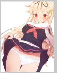  ass_visible_through_thighs black_serafuku black_shirt black_skirt blonde_hair blush bow bow_panties breasts caburi commentary_request crotch_seam eyebrows_visible_through_hair hair_flaps hair_ornament hairclip highres kantai_collection lace lace-trimmed_panties lifted_by_self long_hair medium_breasts panties pleated_skirt red_eyes remodel_(kantai_collection) ribbon scarf school_uniform serafuku shirt skirt skirt_lift smile solo underwear white_panties yuudachi_(kantai_collection) 