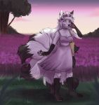  2018 anthro barefoot black_nose breasts canine clothed clothing day detailed_background digital_media_(artwork) dipstick_tail female flower fox fur grass hair mammal multi_tail multicolored_tail outside plant purrchinyan sky smile solo standing white_fur white_hair 