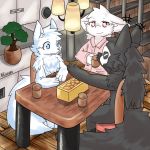 2018 ambiguous_gender anthro biped black_fur blue_eyes canine changed_(video_game) dr.k_(changed) fluffy fur happy lin_(changed) mammal puro_(changed) red_eyes riunamo white_fur 