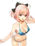  ahoge bikini black_bow blue_bikini bow breasts cleavage fate/grand_order fate_(series) hair_bow half_updo koha-ace looking_at_viewer medium_breasts navel okita_souji_(fate) okita_souji_(fate)_(all) outstretched_arm pink_hair shovelwell simple_background smile solo swimsuit v_over_eye white_background yellow_eyes 