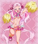  bare_shoulders breasts cameltoe commentary cure_yell earrings flower hair_flower hair_ornament hair_ribbon heart highres hugtto!_precure jewelry lips long_hair looking_at_viewer magical_girl medium_breasts navel nono_hana ontaros open_mouth pink_eyes pink_hair pink_skirt pink_swimsuit pom_poms precure ribbon shiny shiny_hair shiny_skin shoes skirt slingshot_swimsuit smile solo standing standing_on_one_leg swimsuit 