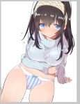  arm_support ass_visible_through_thighs black_hair blue_bow blue_eyes blue_panties bow bow_panties breasts caburi commentary_request flying_sweatdrops hairband highres idolmaster idolmaster_cinderella_girls long_hair no_pants panties ribbed_sweater sagisawa_fumika sitting solo sweater thighs underwear white_sweater 