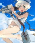  belly bikini bikini_under_clothes blue_eyes blue_sky box cloud day dress flower flower_bracelet gun hat kantai_collection looking_at_viewer navel open_mouth picube525528 sailor_dress sailor_hat short_hair sky smile solo stomach swimsuit swimsuit_under_clothes weapon weapon_request white_bikini white_dress white_hat z1_leberecht_maass_(kantai_collection) 