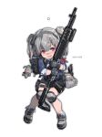  backpack bag bandage_on_face battle_rifle black_gloves blush child full_body gloves grey_hair grey_ribbon gun hair_ribbon hairband highres holding holding_gun holding_weapon knee_pads looking_at_viewer m14 mivit mk_14_ebr open_mouth original pink_eyes ribbon rifle shoes short_hair short_twintails simple_background smile sneakers solo twintails weapon white_background 