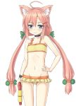  ahoge animal_ear_fluff animal_ears bikini blue_eyes blush cat_ears commentary_request flat_chest groin hair_bobbles hair_ornament hairclip hand_on_hip highres hinata_channel jd_(bibirijd) long_hair low_twintails lowleg lowleg_bikini navel nekomiya_hinata orange_bikini orange_swimsuit ribbon simple_background solo swimsuit twintails virtual_youtuber water_gun white_background 