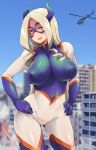  :d absurdres aircraft blonde_hair blue_sky bodysuit boku_no_hero_academia breasts brown_eyes building commentary_request covered_navel covered_nipples day domino_mask drill_hair giantess gloves hands_on_hips helicopter highres horns large_breasts long_hair looking_at_viewer mask minakami_(flyingman555) mount_lady open_mouth skin_tight sky skyscraper smile solo thighhighs 