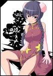  bare_arms bare_legs bare_shoulders black_border blunt_bangs border braid breasts bun_cover china_dress chinese_clothes commentary_request double_bun dress floral_background frame gundam gundam_00 hair_between_eyes large_breasts semikichi sitting twin_braids wang_liu_mei 