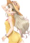  adjusting_clothes adjusting_hat ass blush bracelet breasts commentary_request dress earrings eyewear_on_head green_eyes handa_roko hat idolmaster idolmaster_million_live! jewelry long_hair looking_at_viewer miri_(ago550421) open_mouth signature small_breasts smile solo yellow_dress yellow_eyes 