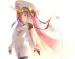  1girl black_gloves bodysuit fate/apocrypha fate_(series) frankenstein&#039;s_monster_(fate) gloves hair_over_one_eye headgear heterochromia horn solo standing veil white_background 