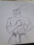  2018 5_fingers anthro arm_hair balls biceps body_hair buckteeth chest_hair clothed clothing clothing_lift hairy humanoid_penis lagomorph leg_hair long_ears long_teeth male mammal muscular muscular_male navel nipples pecs penis rabbit shirt shirt_lift smile solo stomach_hair teeth traditional_media_(artwork) uncut underwear zepthehyerian 