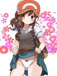  ayumi_(pokemon) bag baseball_cap blush brown_eyes brown_hair collarbone commentary_request cowboy_shot embarrassed flower groin hat highres kinagiri lifted_by_self looking_at_viewer panties pokemon pokemon_(game) pokemon_lgpe ponytail short_sleeves skirt skirt_lift solo teasing text_focus underwear wavy_mouth white_panties 