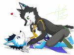  &lt;3 akee_rs anthro aro_rouon black_hair blue_eyes blue_fur blush canine clothed clothing coat dog duo fur gloves green_eyes hair kemono licking licking_lips male male/male mammal rou_kemonone tongue tongue_out utau white_fur wolf 