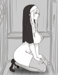  breasts confessional elf eyebrows_visible_through_hair full_body glory_hole greyscale habit hands_on_own_knees houtengeki imminent_fellatio kneeling large_breasts long_hair monochrome nipples nude nun open_mouth original pointy_ears profile shoes solo thighhighs 
