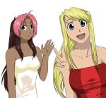  2girls :d ahoge alternate_costume arm arm_at_side artist_request bangs bare_arms bare_shoulders blonde_hair blue_eyes breasts brown_hair c: closed_mouth collarbone dark_skin dress female floral_print formal fullmetal_alchemist hand_up happy long_hair looking_at_viewer medium_breasts multicolored multicolored_hair multiple_girls neck open_mouth parted_bangs pink_hair ponytail purple_eyes red_dress rose_thomas rose_tomas shiny shiny_hair sidelocks simple_background smile strapless strapless_dress swept_bangs two-tone_hair upper_body v waving white_background white_dress winry_rockbell 