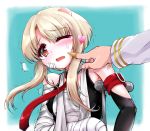  azur_lane bandages blonde_hair blue_background blush breasts cheek_poking commentary_request head_bump heart juneau_(azur_lane) necktie open_mouth poking red_eyes shirt short_hair_with_long_locks sleeveless sleeveless_shirt small_breasts solo tears tillitruins upper_body 