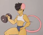  anthro big_ears bra brown_hair clothed clothing dumbbell exercise female geekidog gym_shorts hair looking_at_viewer mammal mouse muscular muscular_female pink_nose rodent simple_background solo sports_bra sweat underwear weightlifting weights workout 