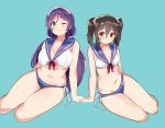  2girls bikini blush breasts brown_hair cleavage cyan green_eyes kurokawa_makoto long_hair love_live!_school_idol_project navel purple_hair red_eyes seifuku swimsuit toujou_nozomi twintails wink yazawa_nico 