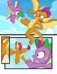  2018 anus blue_eyes blush dragon duo eyes_closed female friendship_is_magic green_eyes horn male membranous_wings my_little_pony nude orange_scales purple_scales pussy scales scalie smolder_(mlp) spike_(mlp) succubi_samus wings 