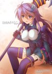  anemone_(flower_knight_girl) bare_shoulders blue_eyes blush breasts flower flower_knight_girl garter_straps hair_flower hair_ornament hairclip kimukimu long_hair looking_at_viewer polearm purple_eyes purple_hair smile solo spear thighhighs weapon 