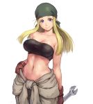  bandana bandeau blonde_hair blue_eyes breasts brown_gloves cleavage clothes_around_waist commentary_request covered_nipples cowboy_shot fullmetal_alchemist gloves hand_on_hip long_hair looking_at_viewer medium_breasts navel shirt_around_waist shu-mai simple_background smile solo stomach winry_rockbell wrench 
