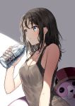  1girl bang_dream! bangs black_hair black_tank_top blue_eyes bottle breasts cleavage from_side gambe hair_ornament hairclip hat holding holding_bottle light_blush mascot_head medium_hair michelle_(bang_dream!) okusawa_misaki shade shako_cap small_breasts solo sweat tank_top upper_body water_bottle 