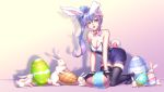  animal_ears artist_name ayu_(force_of_will) bare_shoulders blue_hair bow bowtie breasts bunny bunny_ears bunny_tail cleavage coffinkun easter_egg egg force_of_will gloves long_hair side_ponytail solo tail thighhighs yellow_eyes 