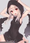  :d absurdres armpits arms_up assassin_(fate/zero) assassin_(fate/zero)_(cosplay) bad_id bad_pixiv_id bangs bare_arms bare_shoulders barefoot black_jumpsuit black_scarf blush breasts commentary_request cosplay eyebrows_visible_through_hair fate/kaleid_liner_prisma_illya fate_(series) feet grey_background head_tilt highres hood hood_up illyasviel_von_einzbern light_brown_hair long_hair looking_at_viewer natsu_(sinker8c) open_mouth red_eyes scarf shadow short_jumpsuit sitting sleeveless small_breasts smile solo spread_legs thighs torn_scarf wariza 