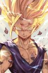  antenna_hair arms_at_sides aura blonde_hair close-up dirty dougi dragon_ball dragon_ball_z floating floating_rock frown green_eyes grey_background hankuri looking_at_viewer male_focus rock serious short_hair simple_background solo son_gohan spiked_hair standing super_saiyan torn_clothes upper_body 