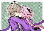  :t ? ahoge animal_ears arms_around_neck astolfo_(fate) black_bow black_ribbon blush bow braid brown_hair bunny_ears closed_eyes commentary_request crossdressing fate/apocrypha fate_(series) hair_intakes hair_ribbon haoro heart hood hoodie hug long_braid long_hair male_focus multicolored_hair multiple_boys noses_touching one_eye_closed otoko_no_ko pink_hair purple_hoodie red_eyes ribbon shirt sieg_(fate/apocrypha) single_braid speech_bubble streaked_hair striped striped_background white_hair white_shirt yaoi 