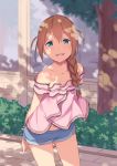  aqua_eyes arms_behind_back baba_konomi bare_shoulders blush braid brown_hair commentary_request hair_between_eyes hair_over_shoulder idolmaster idolmaster_million_live! long_hair looking_at_viewer mikaze_takashi navel off-shoulder_shirt open_mouth outdoors shadow shirt shorts single_braid smile solo tree 