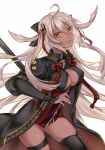  ahoge backlighting black_bow bow breasts cleavage cleavage_cutout commentary dark_skin fate/grand_order fate_(series) gold_trim hair_between_eyes hair_bow hair_ribbon katana large_breasts long_hair okita_souji_(alter)_(fate) okita_souji_(fate)_(all) ribbon shiao solo sword thigh_strap thighhighs weapon white_hair yellow_eyes 