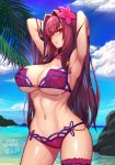  armpits arms_up ass_visible_through_thighs bangs bare_shoulders beach bikini blue_sky blush breasts cleavage collarbone commentary_request dated day fate/grand_order fate_(series) flower hair_between_eyes hair_flower hair_intakes hair_ornament hibiscus hips large_breasts leg_garter long_hair looking_at_viewer navel ocean outdoors palm_tree parted_lips pink_lips purple_bikini purple_hair qblade red_eyes scathach_(fate)_(all) scathach_(swimsuit_assassin)_(fate) signature sky solo swimsuit thighs tree wet 