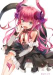  asymmetrical_horns black_skirt blue_eyes curled_horns dragon_girl dragon_horns dragon_tail elizabeth_bathory_(fate) elizabeth_bathory_(fate)_(all) eyebrows_visible_through_hair fang fate/extra fate/extra_ccc fate_(series) fingernails highres horns long_fingernails long_hair looking_at_viewer open_mouth pink_hair pointy_ears simple_background skirt solo supera tail twitter_username white_background 